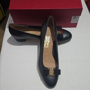 Salvatore Ferragamo Black Leather Heels with Gold Accent